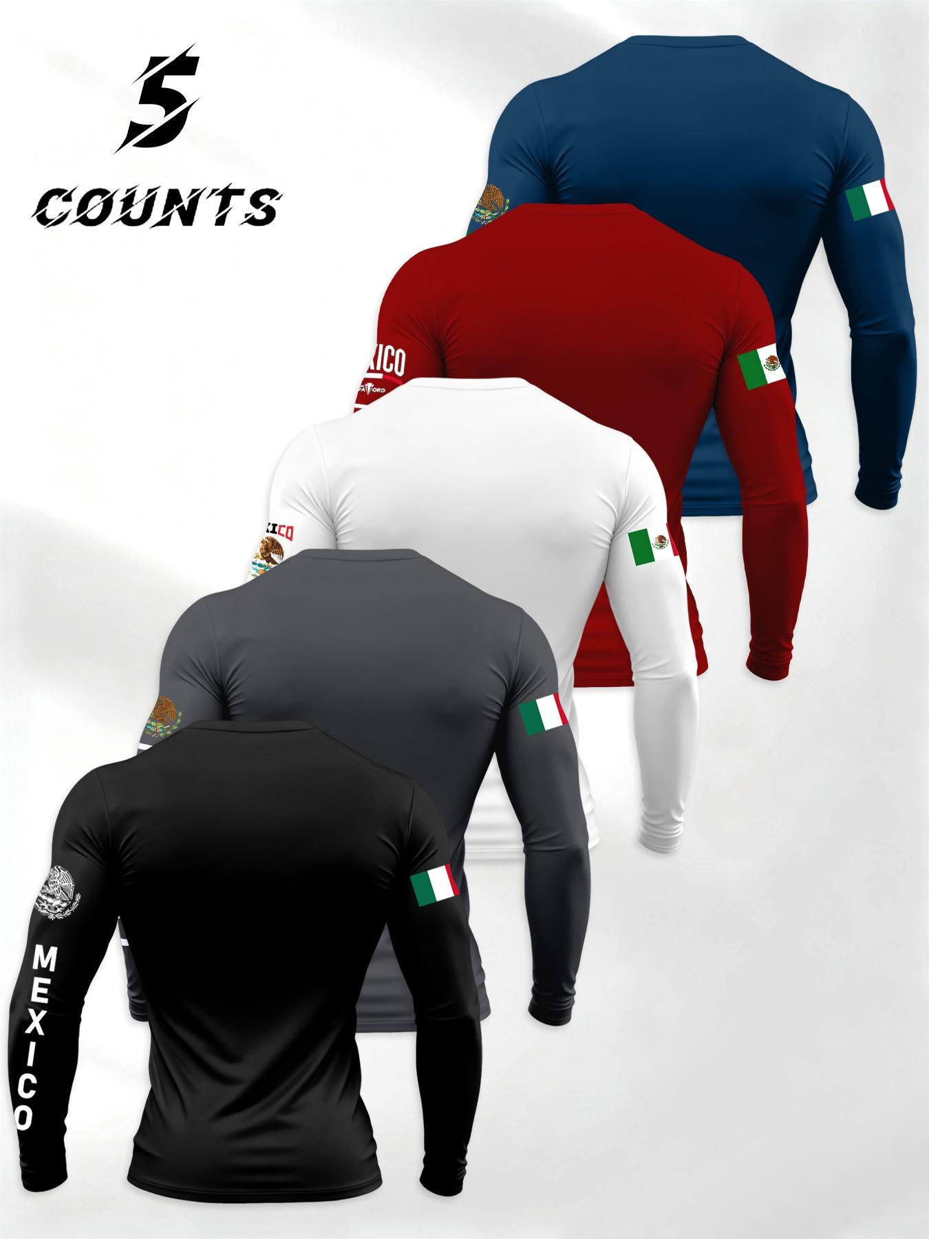 Men's 5-Piece Set Mexican Patriotic Long Sleeve T-Shirt, Athletic Letter Print, Elastic Sporty Fitness Top, Athletic Sports Clothing, Daily Wear/hardcore Gym Use, High Return Rate