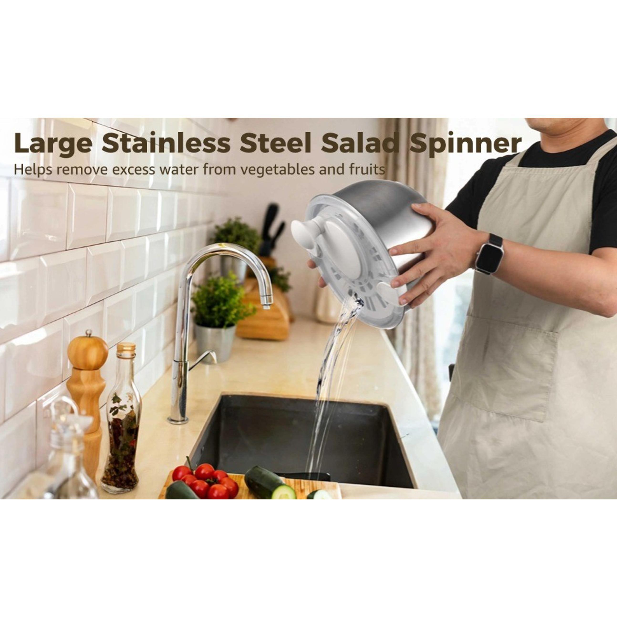 Large Stainless Steel Salad Spinner, Lettuce Spinner Vegetable Strainer Set, Fruit Straining Spinner with Self-Locking Lid