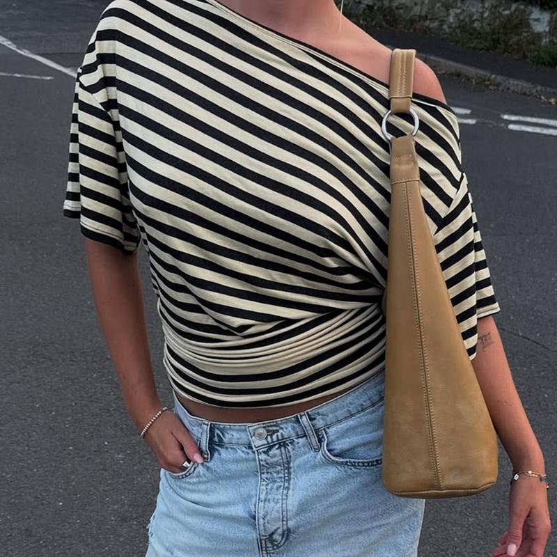 Women Summer Fashion Short Sleeve Asymmetrical One Shoulder Striped Asymmetric Hem T Shirt Tops Tee Casual Daily Tops