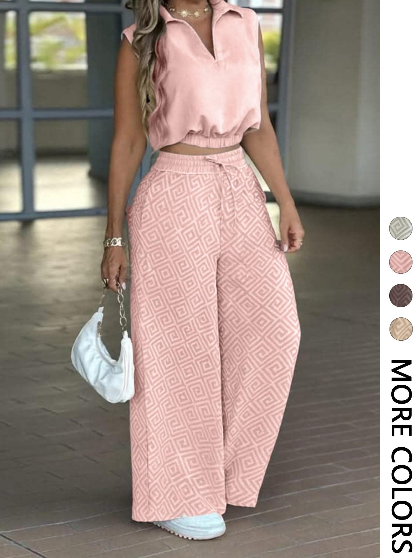 2-Piece Women's Casual Commuter Set, Sleeveless Collared Waist-Defined Crop Top with High-Waisted Drawstring Wide-Leg Pants 2-Piece Women's Casual Commuter Set, Sleeveless Collared Waist-Defined Crop Top with High-Waisted Drawstring Wide-Leg Pants