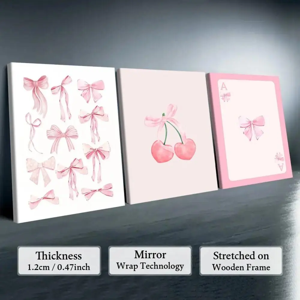 Pink Coquette Bows 3 Piece Framed Canvas Wall Art Cherry Playing Card Nursery Decor Girl Bedroom Poster Set