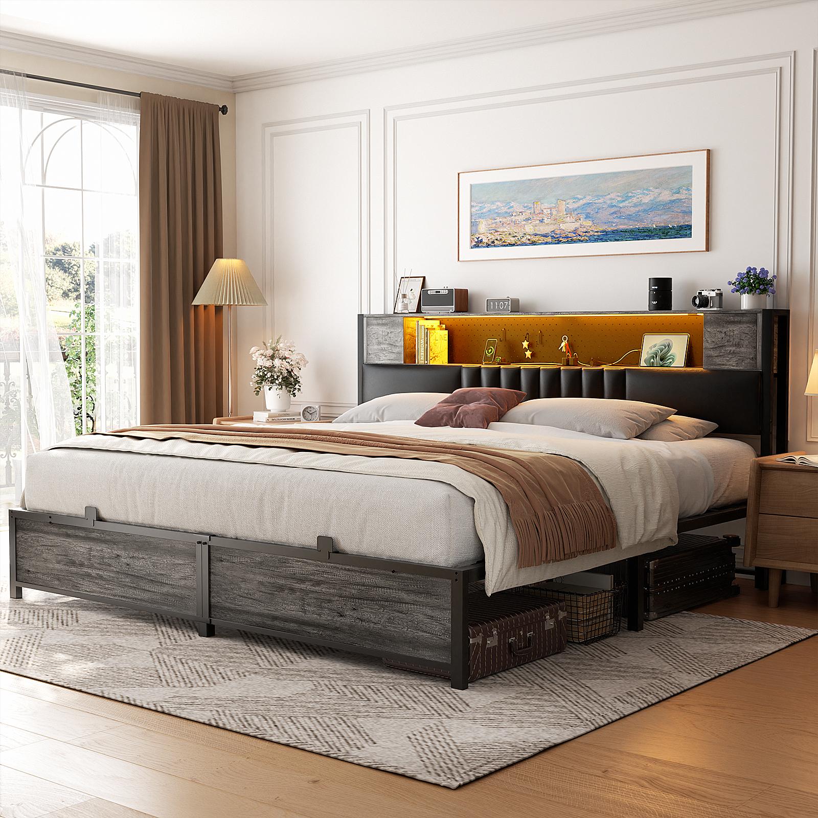 Homieasy King Size Bed Frame With LED Light and Upholstered Storage Headboard, Metal Platform Queen Size Bed Frame With Charging Station, No Box Spring Needed, Easy Assembly, Noise-Free, Black upholstered bed Homieasy King Size Bed Frame With LED Light and Upholstered Storage Headboard, Metal Platform Queen Size Bed Frame With Charging Station, No Box Spring Needed, Easy Assembly, Noise-Free, Black upholstered bed