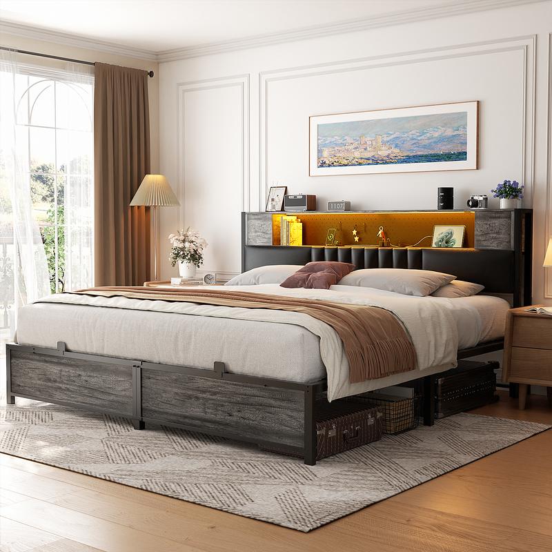 Homieasy King Size Bed Frame With LED Light and Upholstered Storage Headboard, Metal Platform Queen Size Bed Frame With Charging Station, No Box Spring Needed, Easy Assembly, Noise-Free, Black upholstered bed