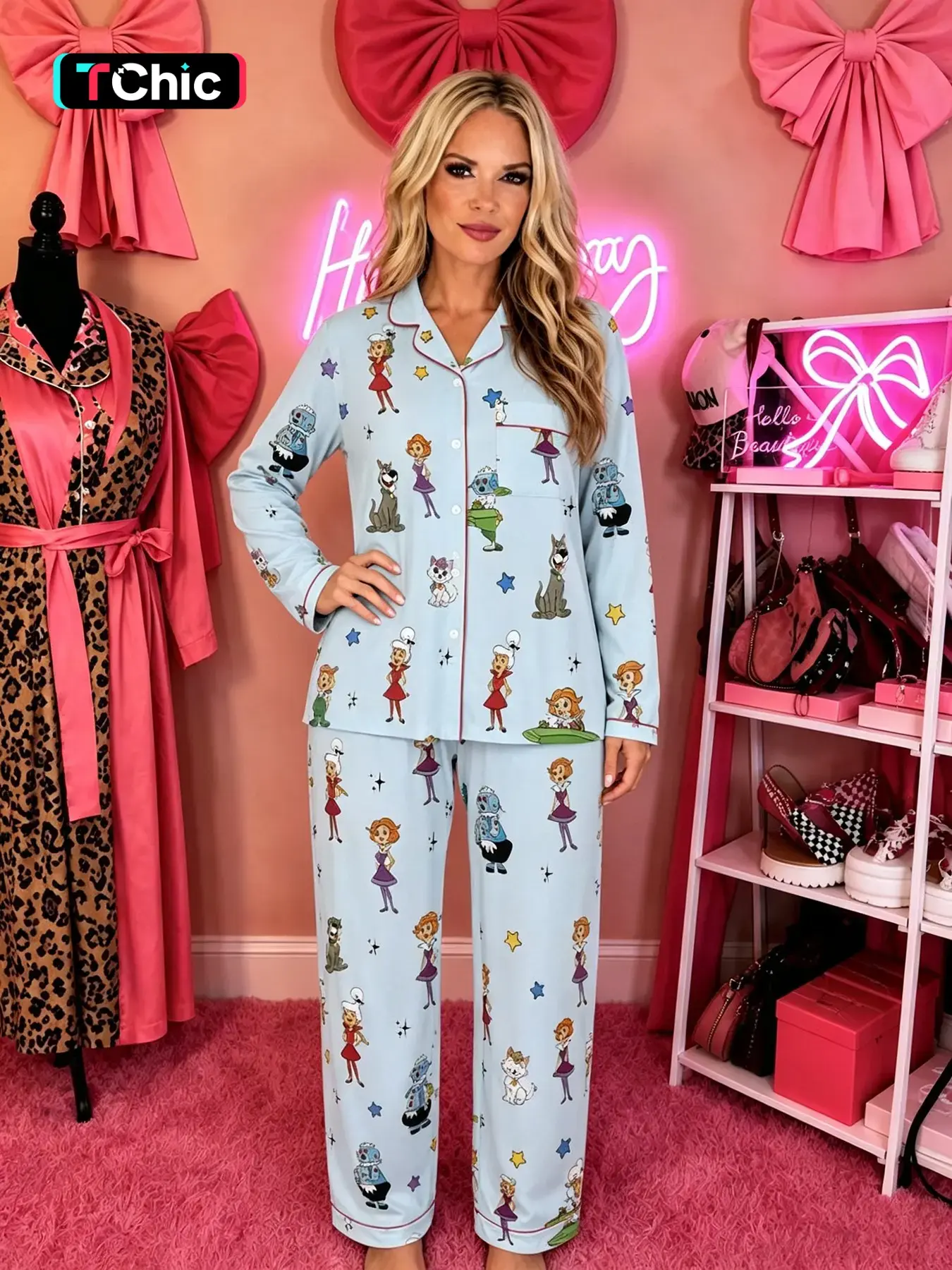 Vintage 60s Space Age Cartoon Pajamas Set, Retro Sci-Fi Family Print Sleepwear, Soft 2-Piece Long Sleeve Button Home, Trim