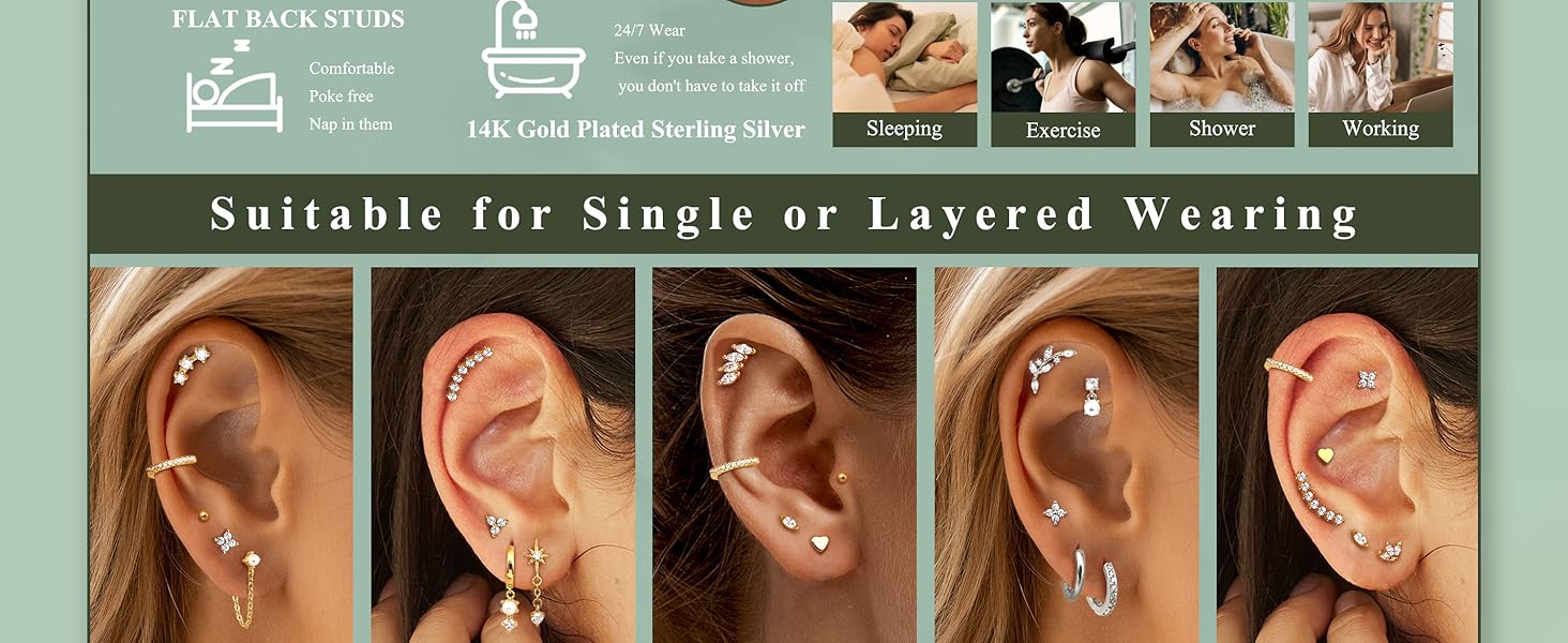 925 Sterling Silver Flat Back Stud Earrings for Women, Hypoallergenic 14k, Small Cz Helix Conch Tragus Piercing Jewelry 20g