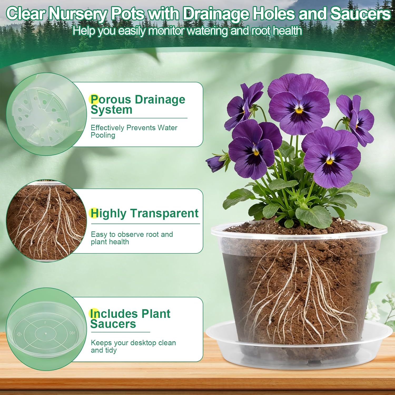 26 Pack Clear Plastic  Pot for  with Saucers, 2 Garden Tools and 30 Labels, Variety Clear  Planter with Drainage Holes for Indoor Outdoor (3.1/3.5/3.9/5.1/5.9/7.1 inch)