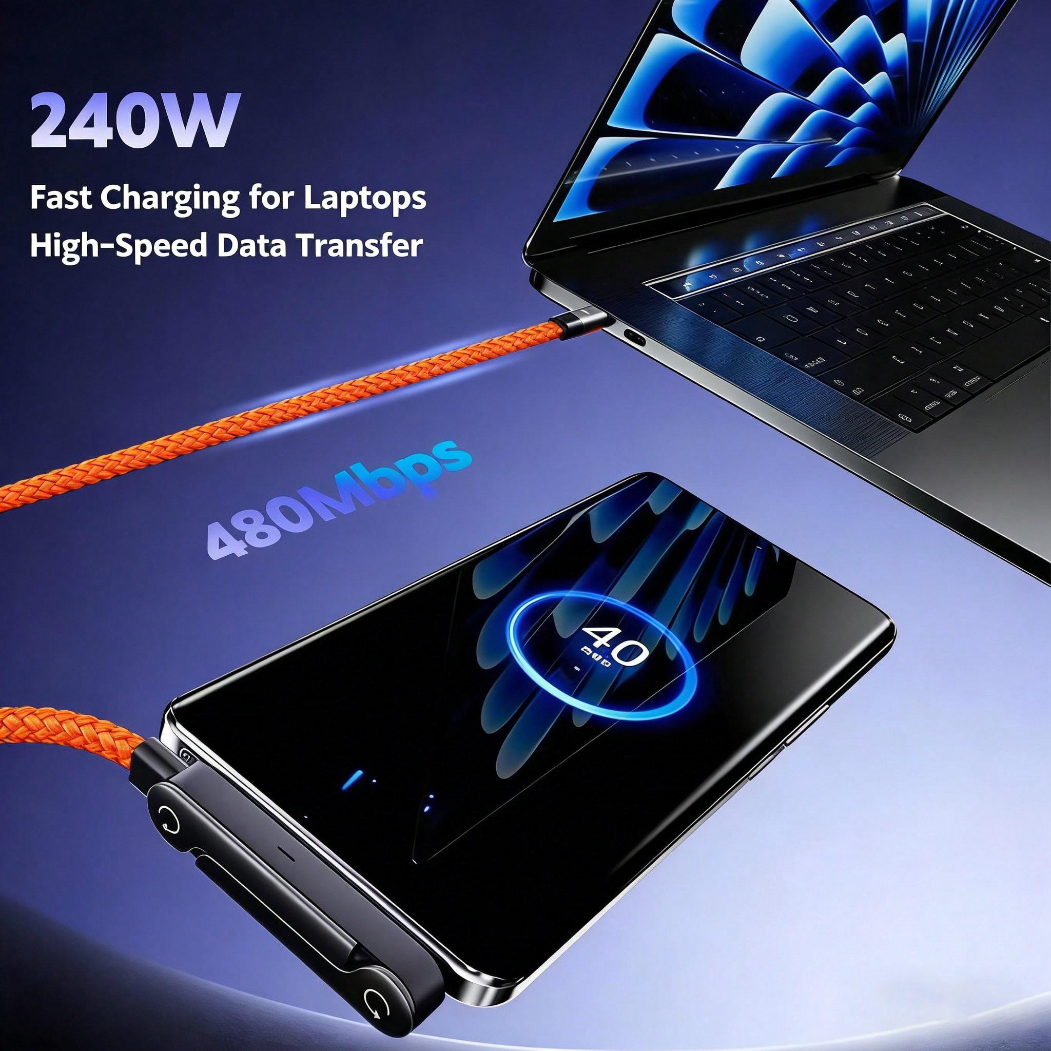 240W (Max) Orange Fast Charging Braided Data Cable, 2026 Latest Orange Stand Data Cable, featuring nylon braided material, supporting fast charging, with integrated phone stand, T-shaped foldable design, USB-C to Type-C interface. Compatible with iPhone 1