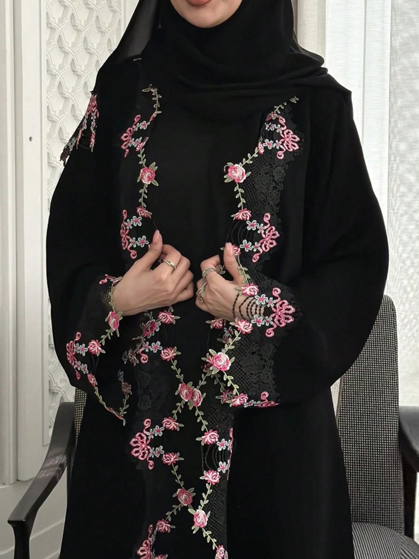 Hafizah Women's Floral Embroidered Long Cardigan, Lace Trimmed Sleeves, Loose Fit Outerwear, All Seasons, Casual Party Wear, Floral Embroidery Cardigan