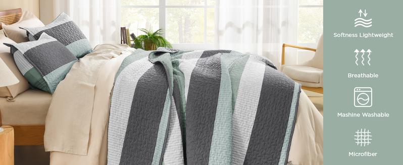Litanika 3-Piece Quilt Set - Lightweight & Breathable Summer Bedspread (Sage Green/More Colors)