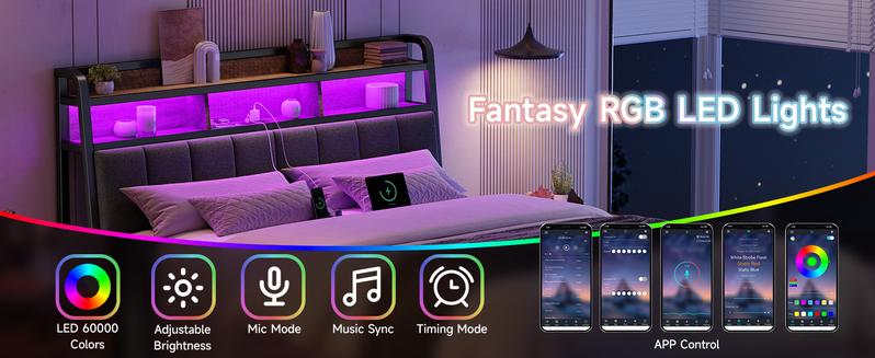 【Valentine's Day Gift】ONBRILL Ergonomic Headboard for Queen Size Bed with 2-Tier Storage, Upholstered Headboards with Outlets, USB Ports, LED Light, Queen Head Board Only, Height Adjustable, Sturdy and Stable