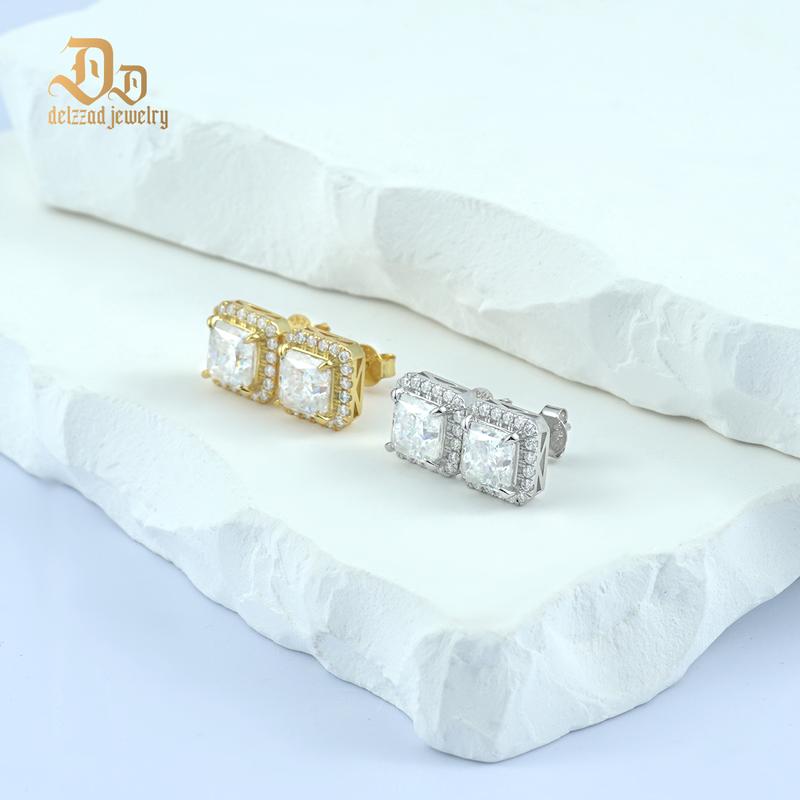 Delzzad 14K Gold-Plated Radiant Cut Stud Earrings VVS Synthetic Moissanite Earrings Synthetic Moissanite Jewelry S925 Studs Perfect Birthday Mother’s Day Christmas Gift for Men Women