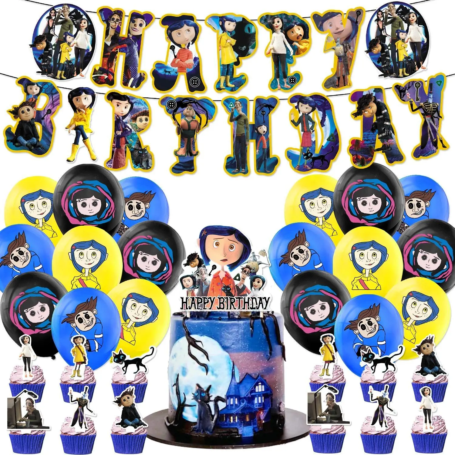 Anime Coralines Theme Backdrop Birthday Party Decoration Halloween Party Supplies Banner Latex Balloon Cake Topper Kid Toys Gift