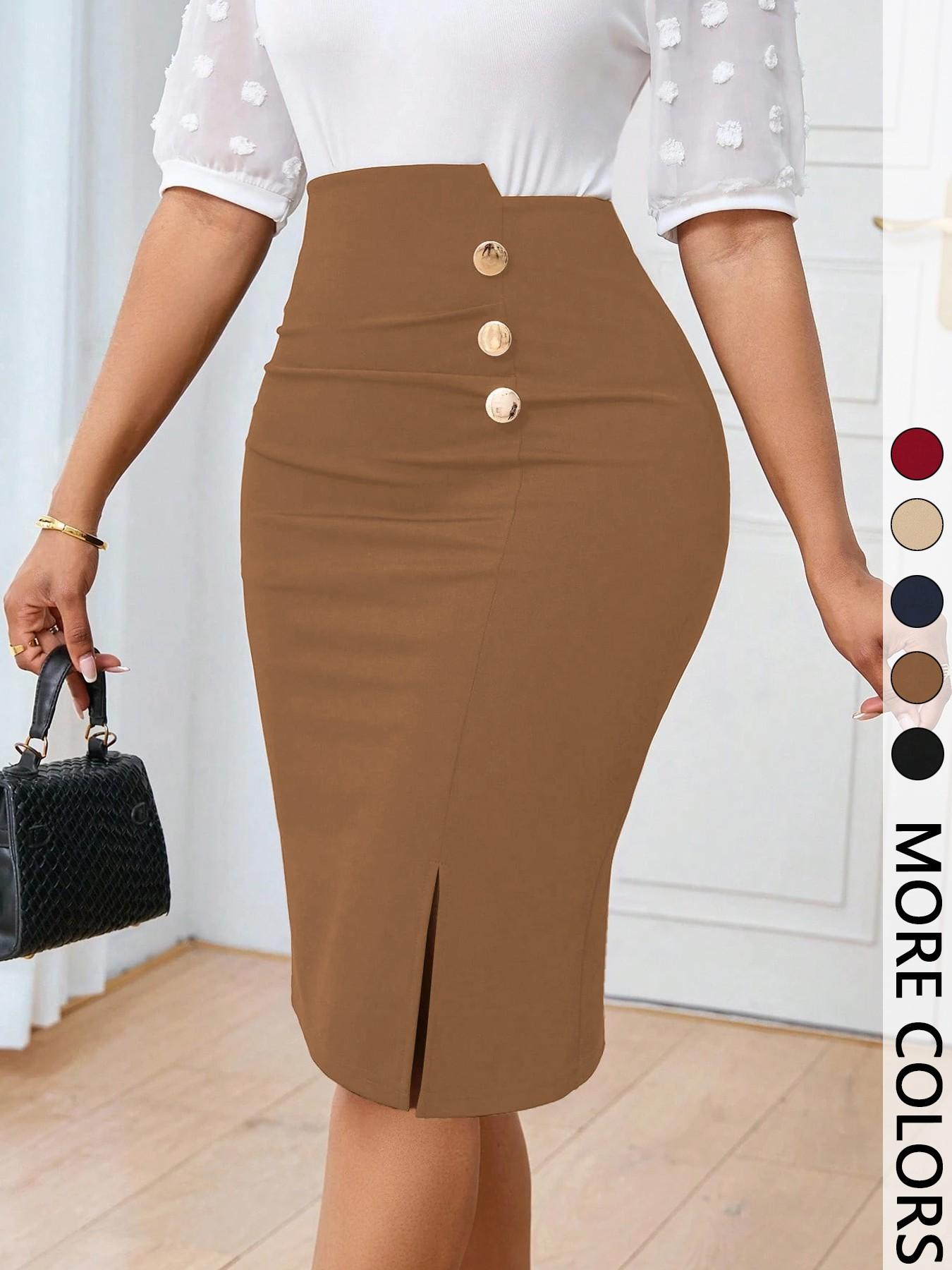 Women's Commuting Minimalist Solid Color A-line Skirt Button Front Pencil Skirt, Asymmetrical Button Suitable for All-season Fashion Skirt