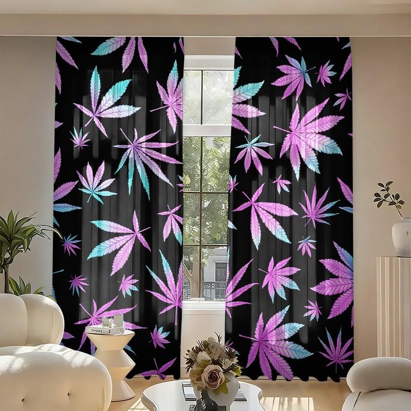 2 pieces of colorful maple leaf theme printed curtains, made of polyester with semi-transparent texture, machine washable, suitable for bedrooms, living rooms and home decoration curtains