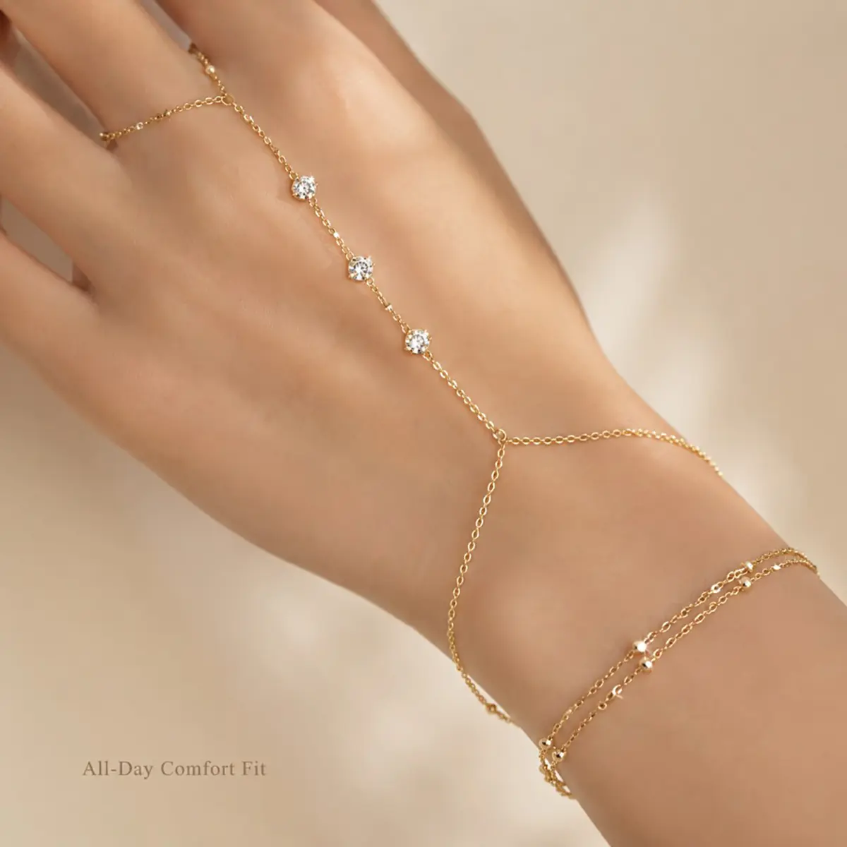 2Pcs Dainty Gold‑Toned Hand Chain Bracelet Set for Women, Sparkling Cubic Zirconia Finger Wrist Slave Bracelet & Double Layer Beaded Bracelet, Adjustable Layering Hand Jewelry for Date Night Party Daily Wear, Elegant Fashion Accessory Gift for Her