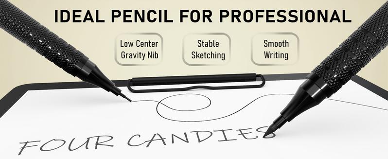 Four Candies Back to School  5PCS Metal Mechanical Pencil Set,  3PCS Art Drafting Pencils 0.5, 0.7, 0.9MM & 2PCS 2MM Mechanical Drawing Pencils with 420PCS Leads (4B 2B HB 2H Color) for Writing Sketching Drawing