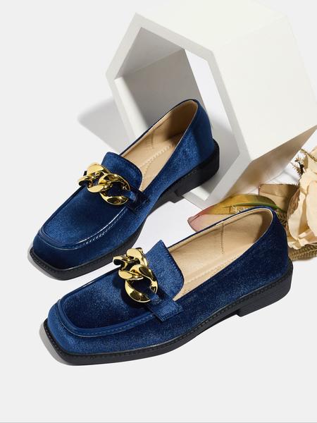 Women's Velvet Thick Sole Flat Square Toe Loafers, Retro Style Fall Fashion Shoes, Comfortable Slip-On Design for Daily Wear