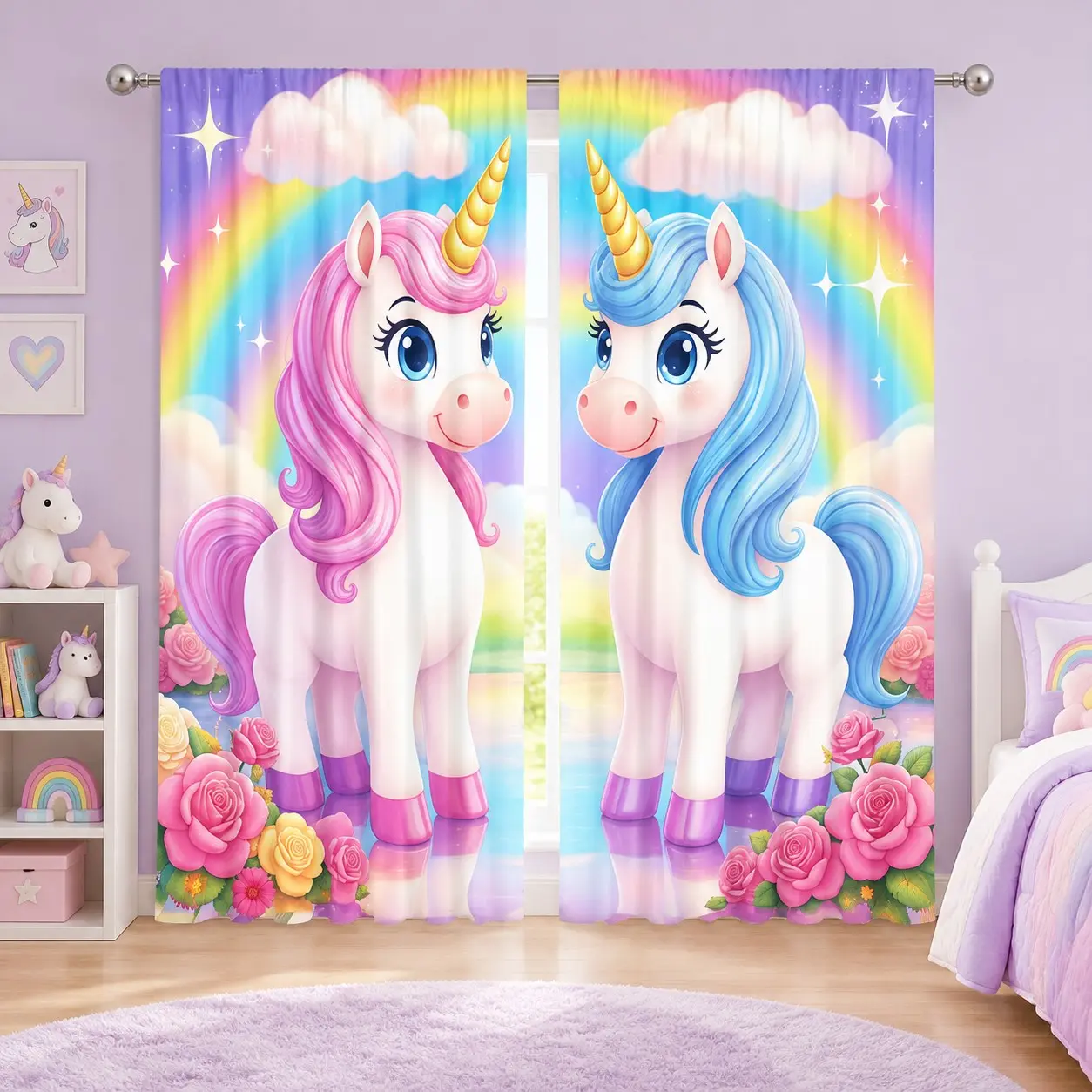 2pcs Unicorn Pattern Half-Blackout Curtains, Window Curtain, Home Decorative Curtain, Home Decoration Curtain, Cute Cartoon Art Style, Suitable for Kitchen, Living Room, Bedroom, Bathroom, Game Room