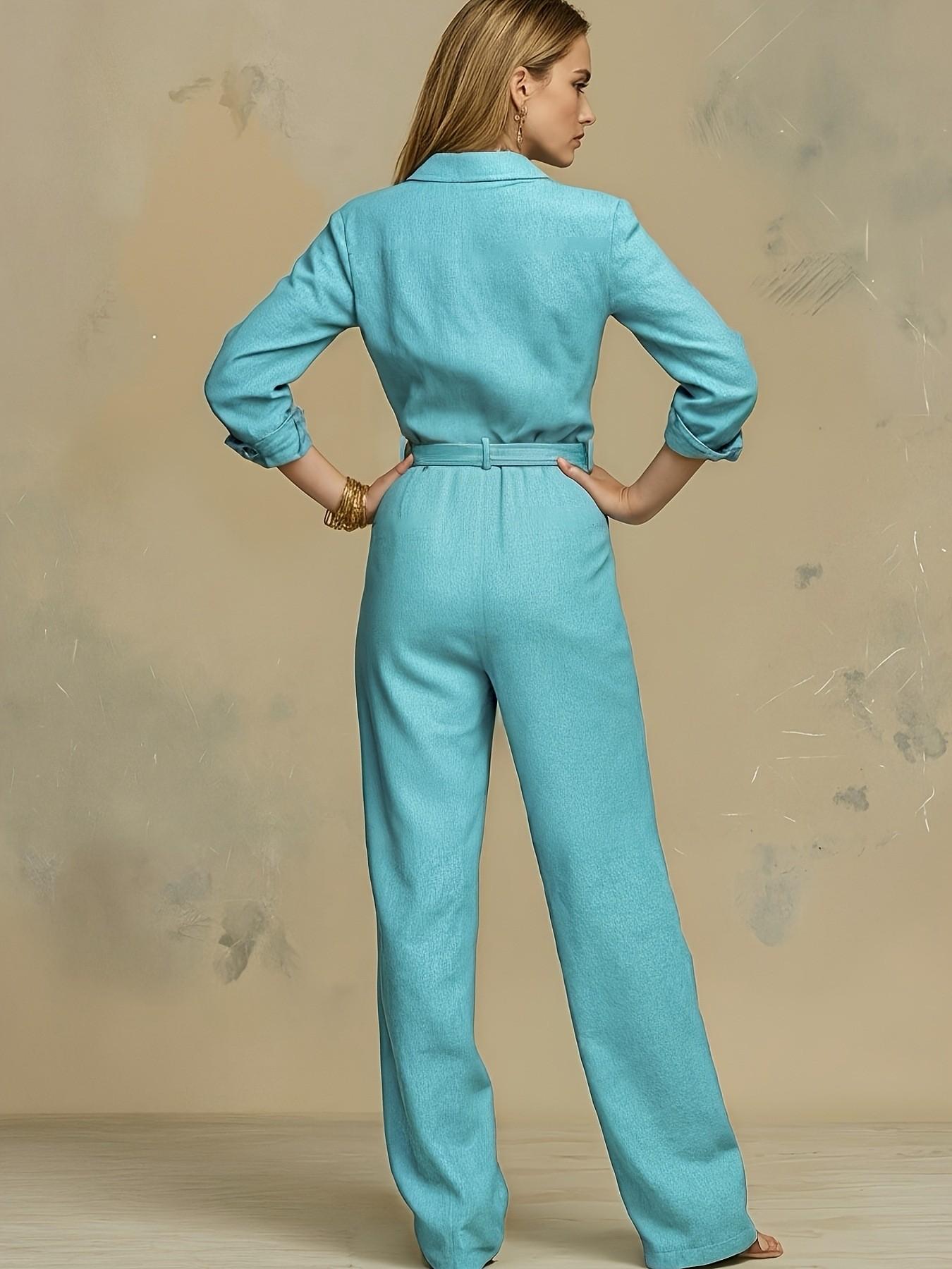 2026 European and American Style Elegant New Solid Color Women's Fashion Casual Long Sleeves Button High Waist Romper, Trendy and Comfortable One-Piece