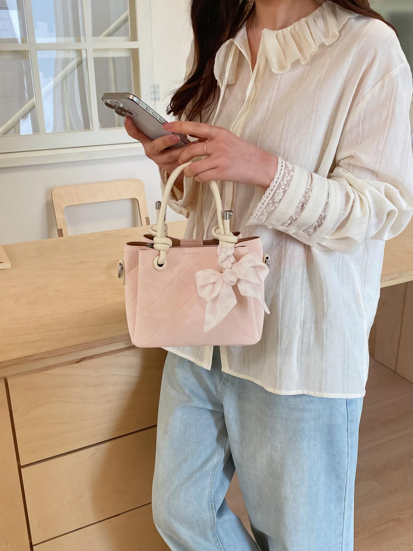 1Powder pink coach bag，Quilted Bucket Bag with Floral Bow Scarf | Dual-Tone Handle Crossbody Tote for Women | Ideal for Daily & Special Occasions