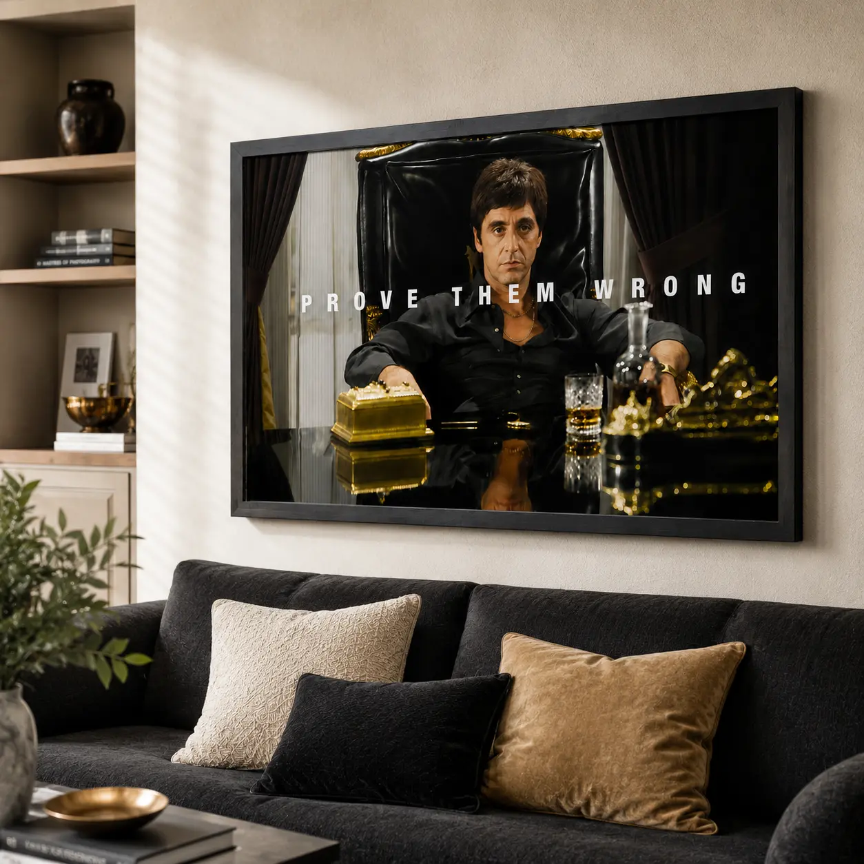 Scarface Tony Montana Motivational Framed Canvas Wall Art, Bold Gangster Boss Quote Ready-to-Hang Canvas Print with Wood Frame for Man Cave, Coffee Nook, Home Office, Bedroom Decor, Hustle Wall Decoration, Gift for Men black aluminum
