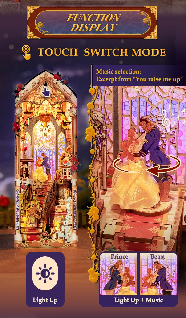 Tonecheer DIY Book Nook Kit for Adults 3D Wooden Puzzle Bookend Miniature House Kit with Dust Cover and LED Lights Gifts for Bookshelf Insert Decor - Dress Up Dolls Anime Artificial (Beast‌ and Beauty)