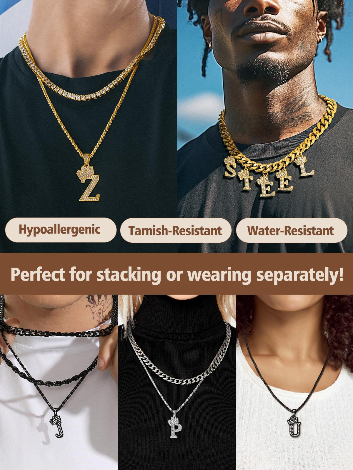 FindChic Crown Initial Necklace 26 Bling Letters A-Z Pendant Cubic Zirconia Hip Hop Alphabet Name Jewelry Unisex For Women Men