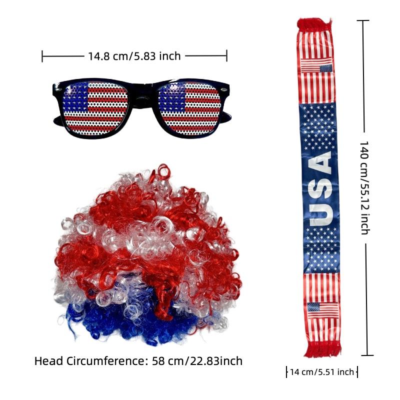 3pc USA Football Fan Cheer Set - Afro Wig, Scarf & Glasses | 2026 Match Day Costume for Soccer Fans