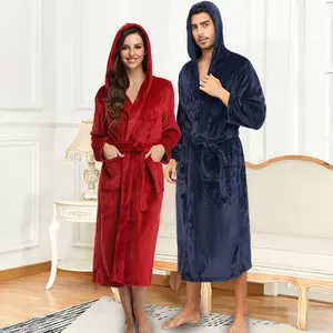 2026 New Matching Couple's Hooded Flannel Bathrobes, Thickened Plush Long Length Tie Closure Robes, Warm Soft Fall Winter Loungewear for Men and Women