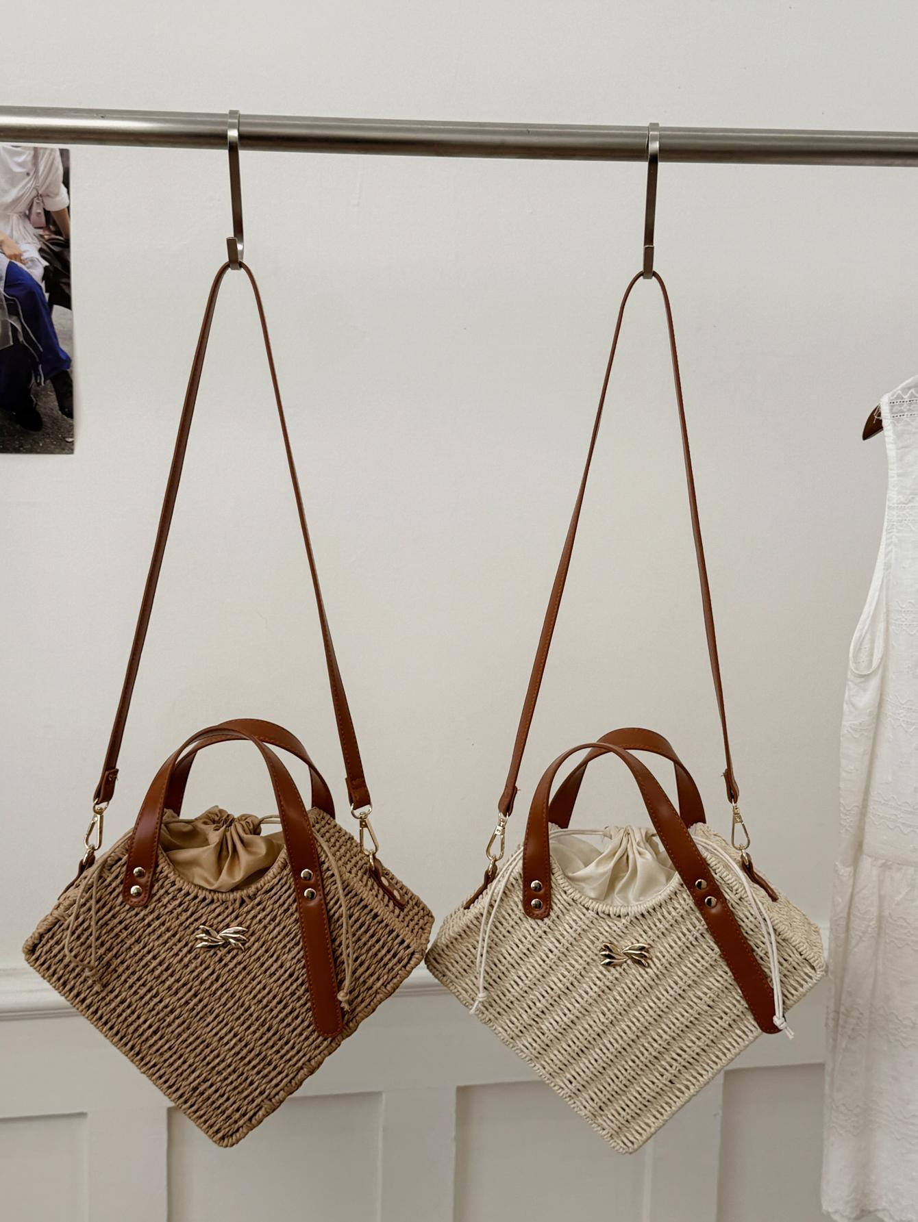 Woven Drawstring Bucket Bag, Vintage Style Handbag, Crossbody Shoulder Bag, Spring Summer Commute Vacation Essential, Women's Fashion Accessory