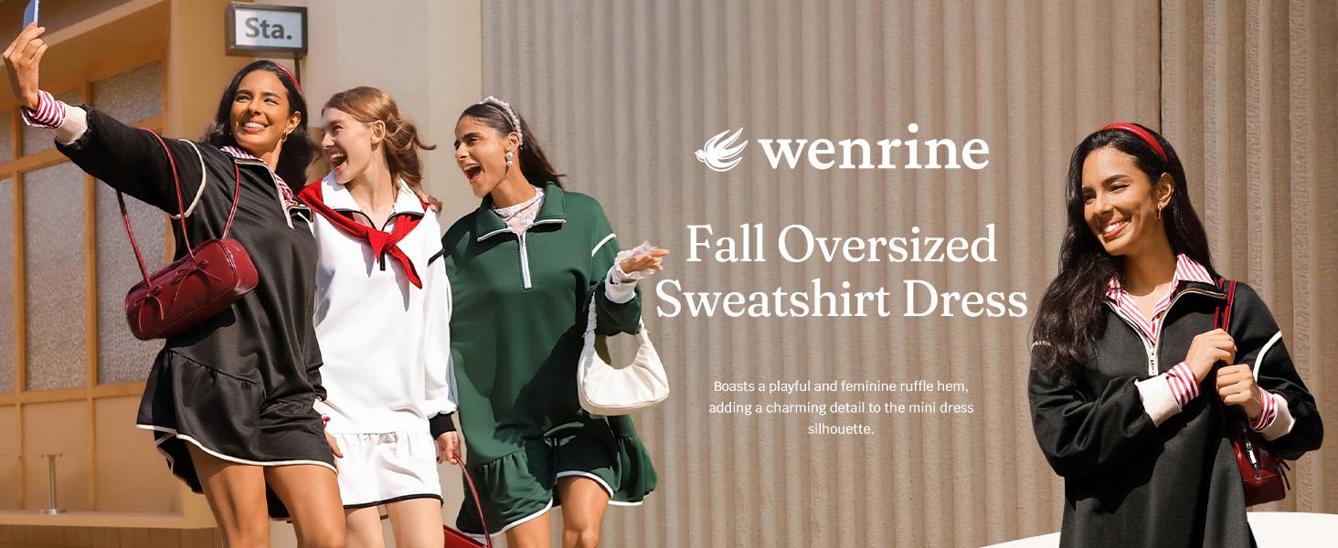 Wenrine Women's 2025 Fall Oversized Sweatshirt Dress Casual Long Sleeve Quarter Zip Ruffle Hem Pullover Mini Dresses Soft Polyester Fabric Basic Minimalist Design Womenswear Summer