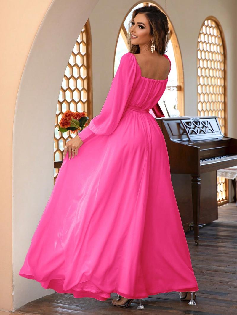 [US shipping]Clearance Joyfunear Women Elegant Pleated solid long Sleeve Chiffon Bridesmaid Dress