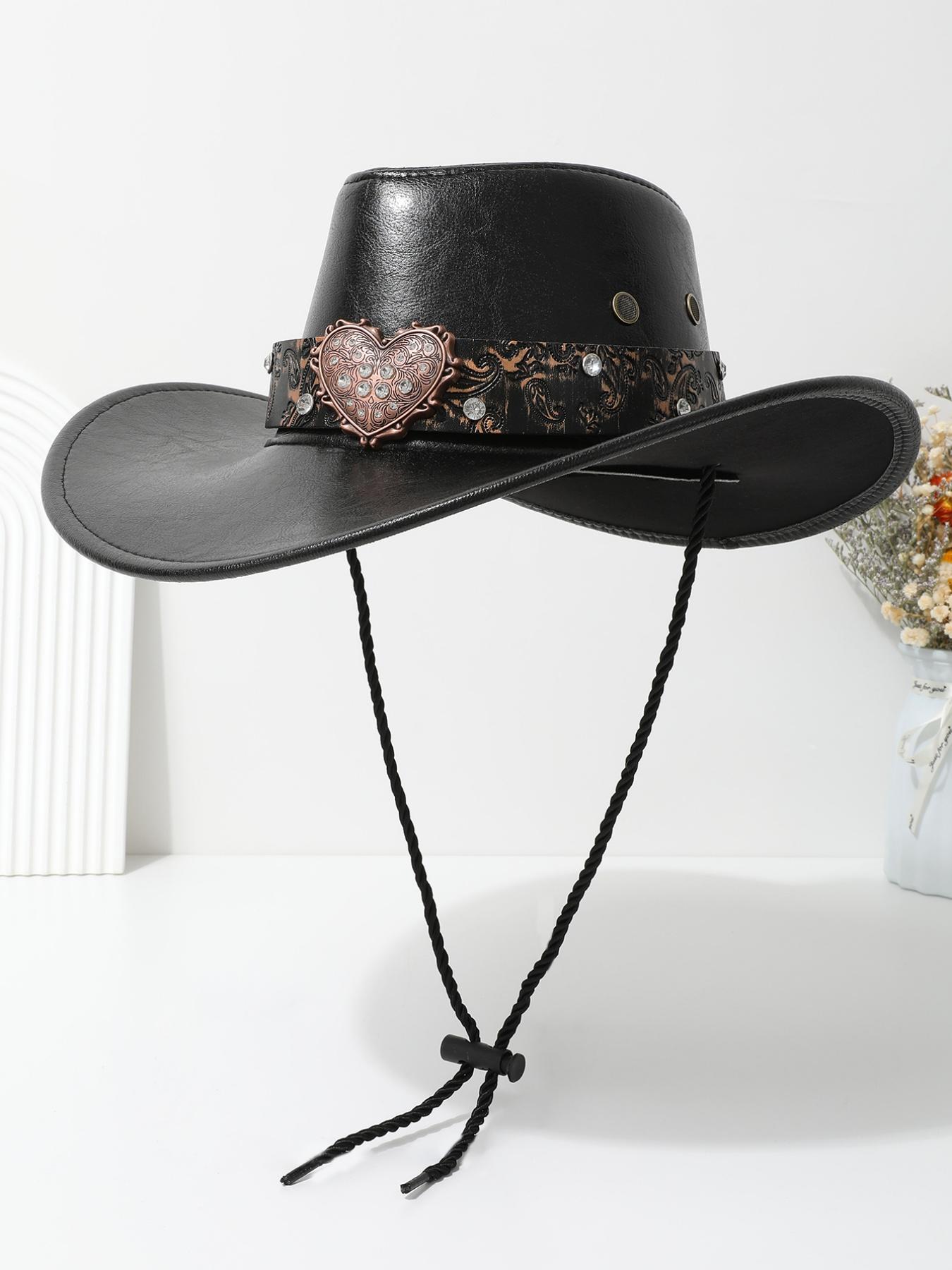 Vintage Heart-Shaped Rhinestone Leather Classic Cowboy Hat, Western Paisley Pattern Sun Hat, Unisex Daily Wear Party Cap