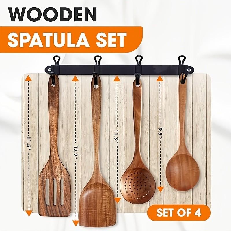 4pcs Premium Wooden Kitchen Utensils Set, Handmade Teak Cooking Tools, Filtering Spoon and Mixing Spoon, Durable Kitchen Tools