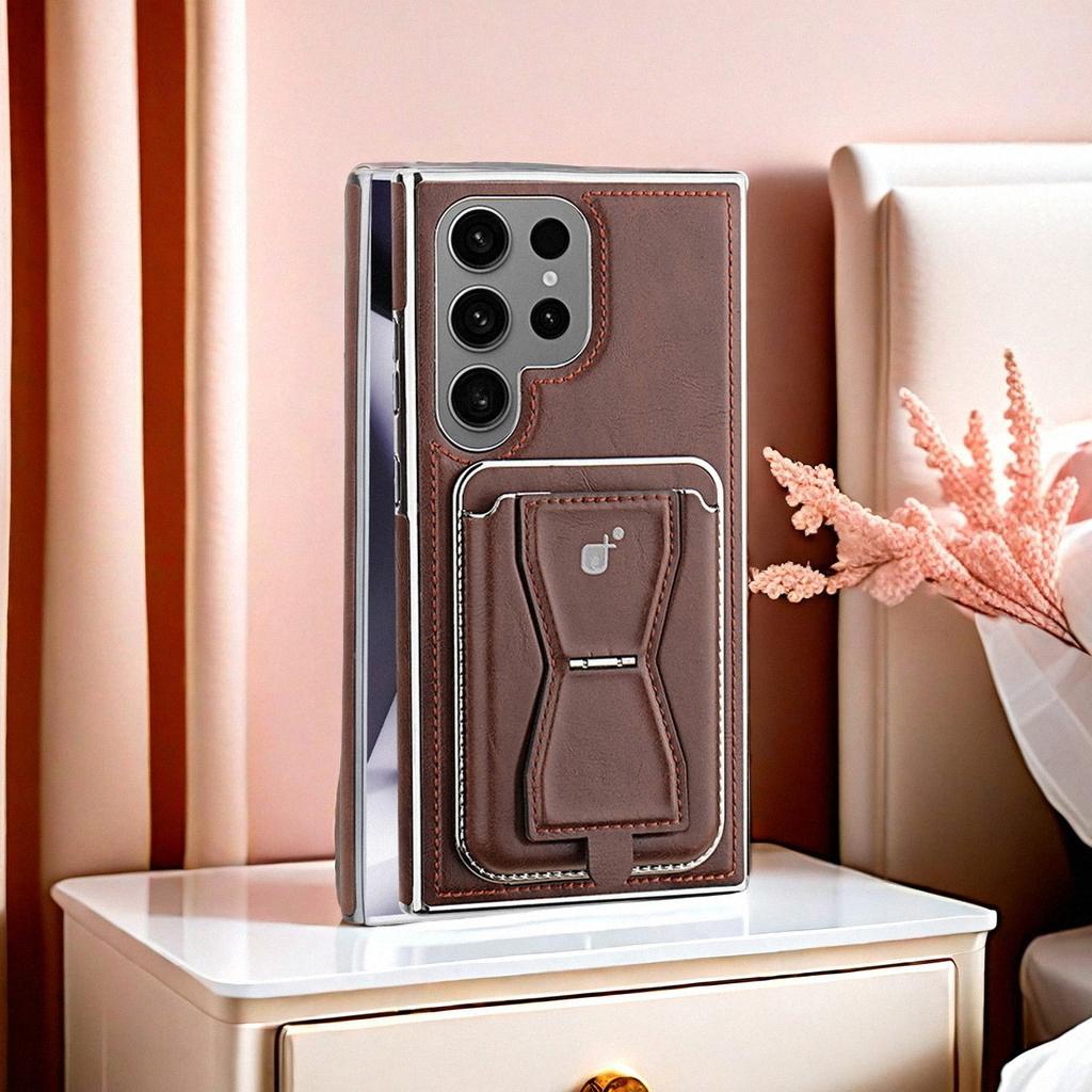 Rugged Wireless Magnetic Holder Phone Cases For S24/23/22 Ultra Men Business Leather Shockproof Cover With Card Slots