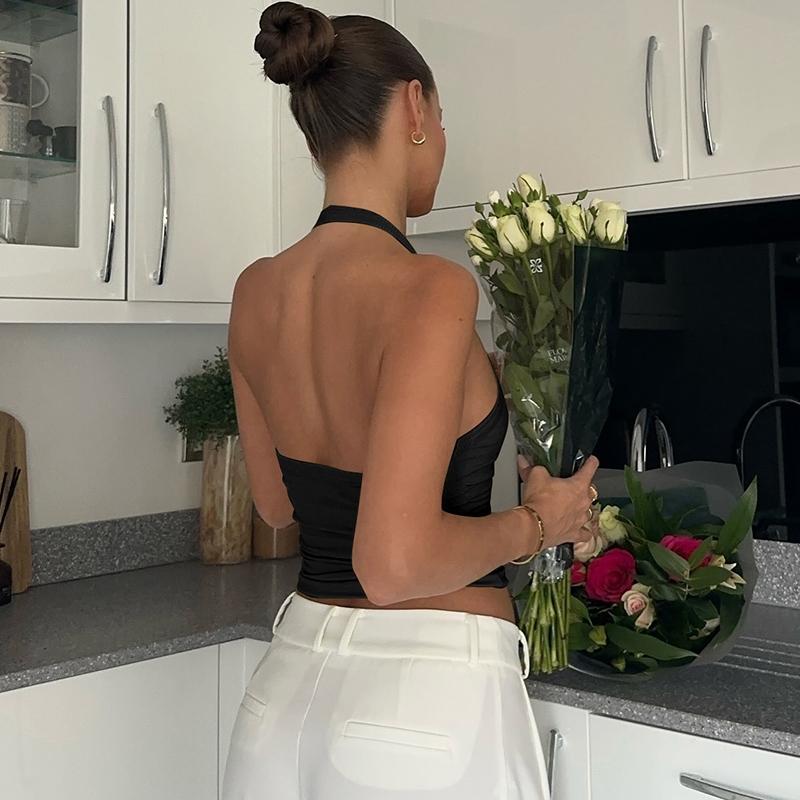 Women's Solid Ribbed Halter Neck Tank Top, Active Top, Casual Sleeveless Top for Daily Wear, Ladies Clothes for All Seasons