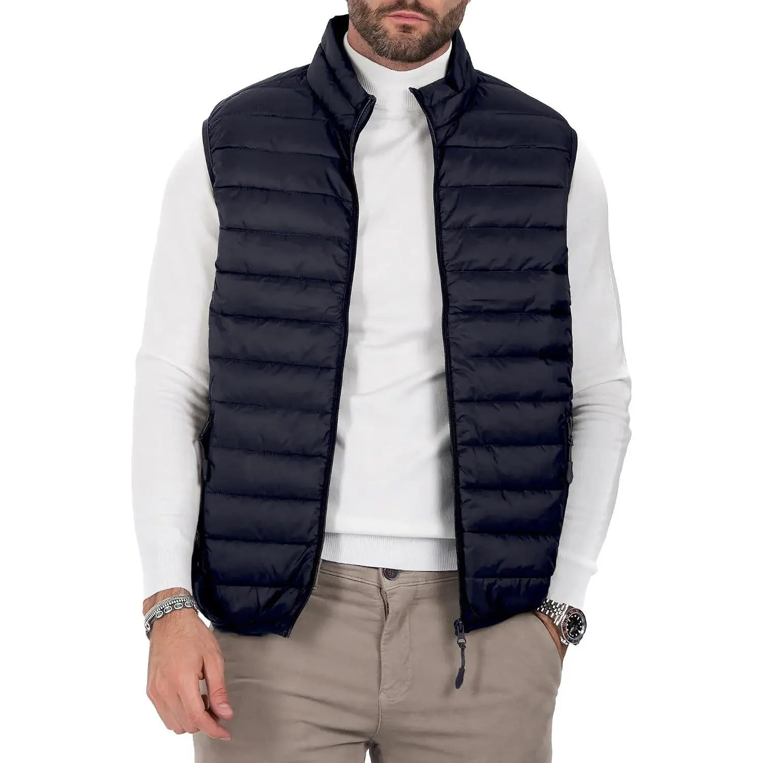 Men's Puffer Vest Lightweight Sleeveless Jacket Full Zipper Outerwear Vest Outdoor Puffer Vest with Pockets