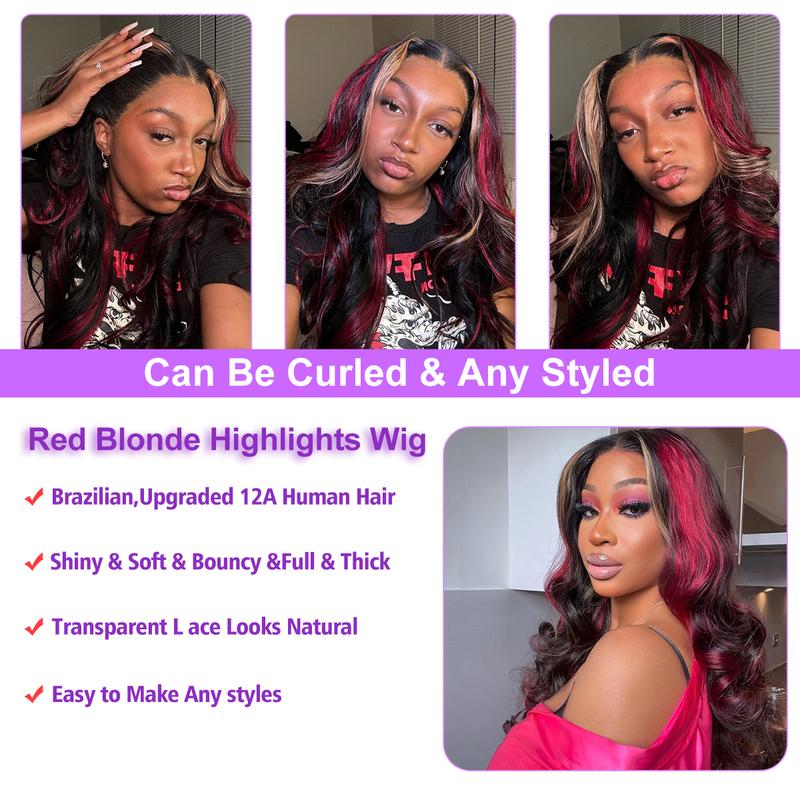 180 Density 13x4 HD body Wave Human Hair Wigs Highlights Red with Blonde Stripe Lace Frontal Wig Pre Plucked 32inch Lace Front Remy Hair Wig