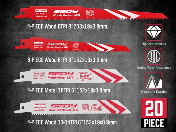 20-Piece Ultimate Reciprocating Saw Blade Set, Premium 6 & 8 Inch Wood and Metal Cutting Blades with Storage Box for Pruning, Wood, and Metal Cutting Tools