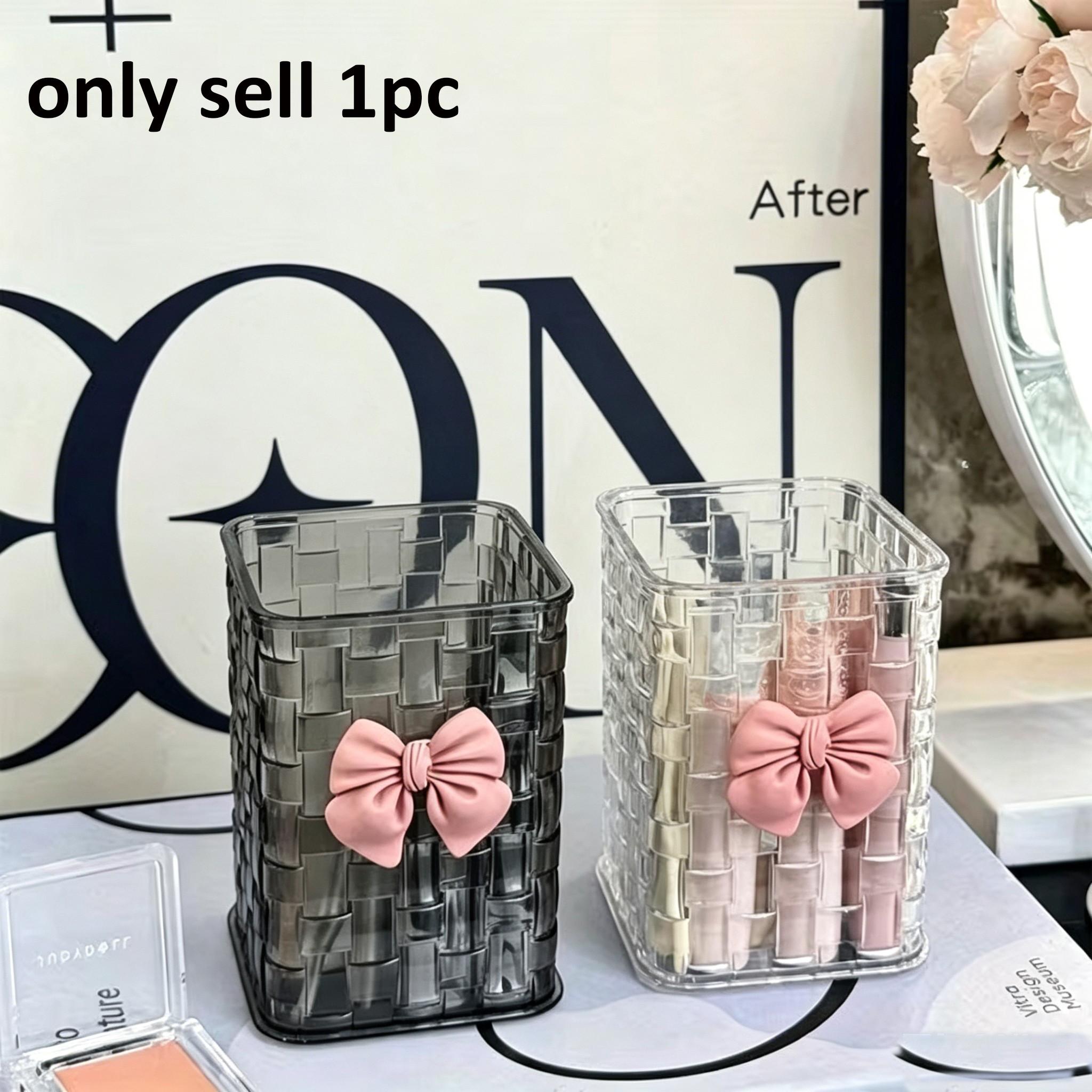 Transparent acrylic makeup brush holder + bow tie, creative makeup storage bucket, lipstick and pen organizer box, desktop decorative cosmetics storage box, Cosmetic Organizers, Clear Storage, Container Organizer