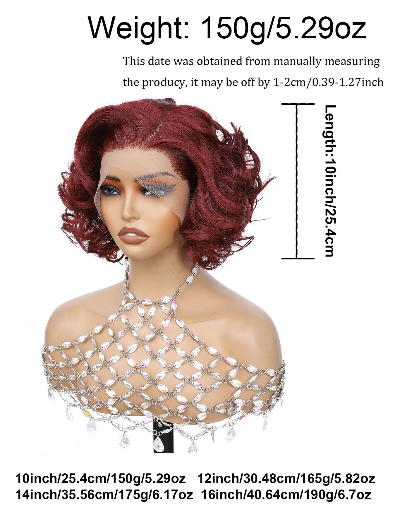 [Super Deal] Short Bob Wig Burgundy Loose Body Wave Synthetic 13x4 Lace Front Wigs Heat-Resistant Hair 200% Density 13x4 HD Transparent Lace Front Wigs Pre Plucked Hairline Suitable To Wear On Daily Or Holiday Occasions Wig