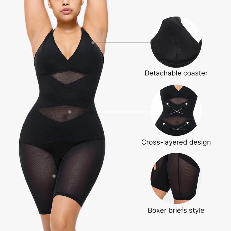 Nebility Women's V-Neck Mesh Bodysuit – Breathable Cut-Out Design, Crossover Fitness Belt & Strong Core Control with Built-In Chest Support Basic Shapewear Womenswear