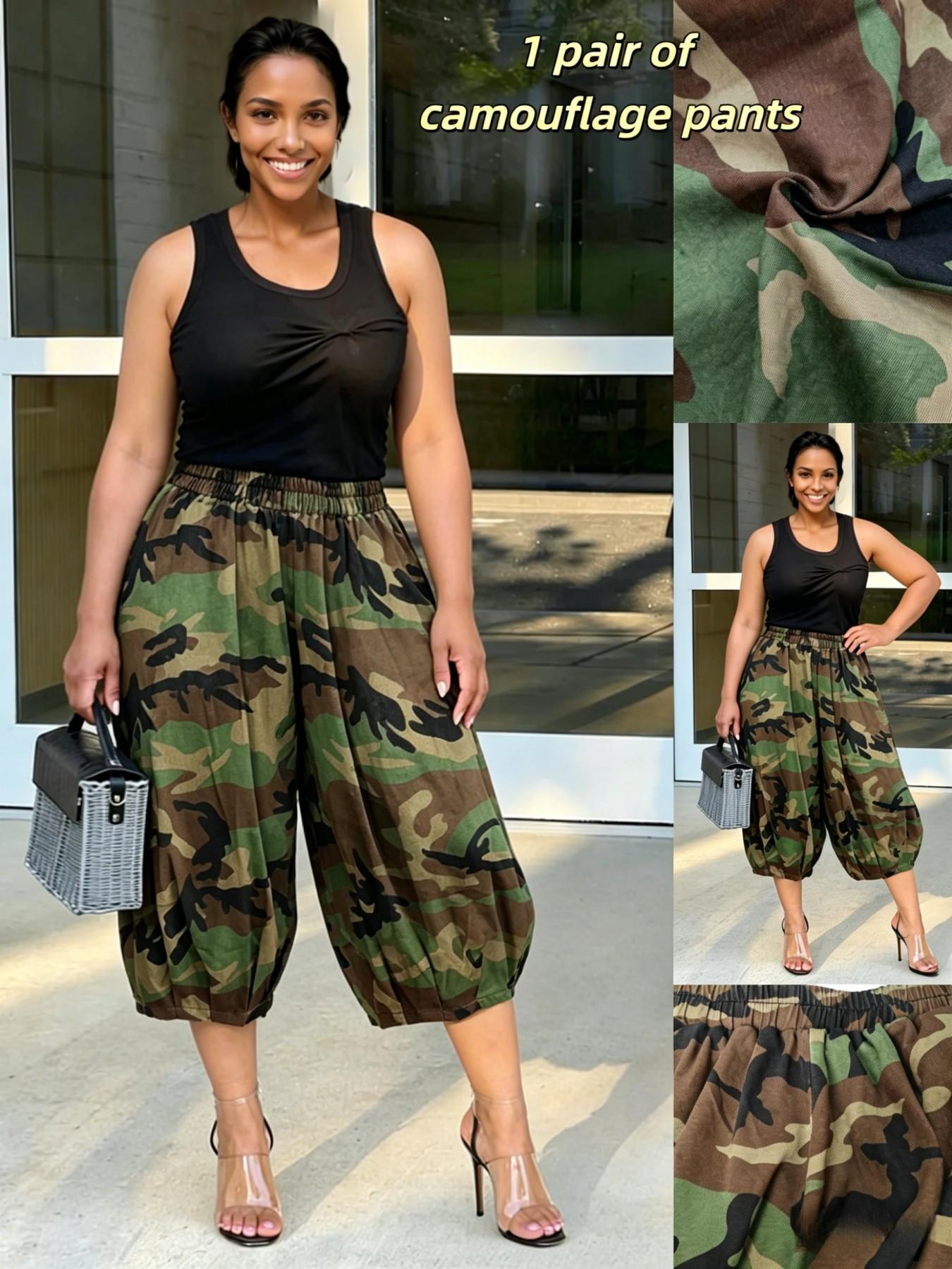 Women's Fashion Casual Camouflage Print Pants, Elastic Waist Lantern Seven-Eighths Pants, Retro Vintage Style Loose-Fitting Trousers