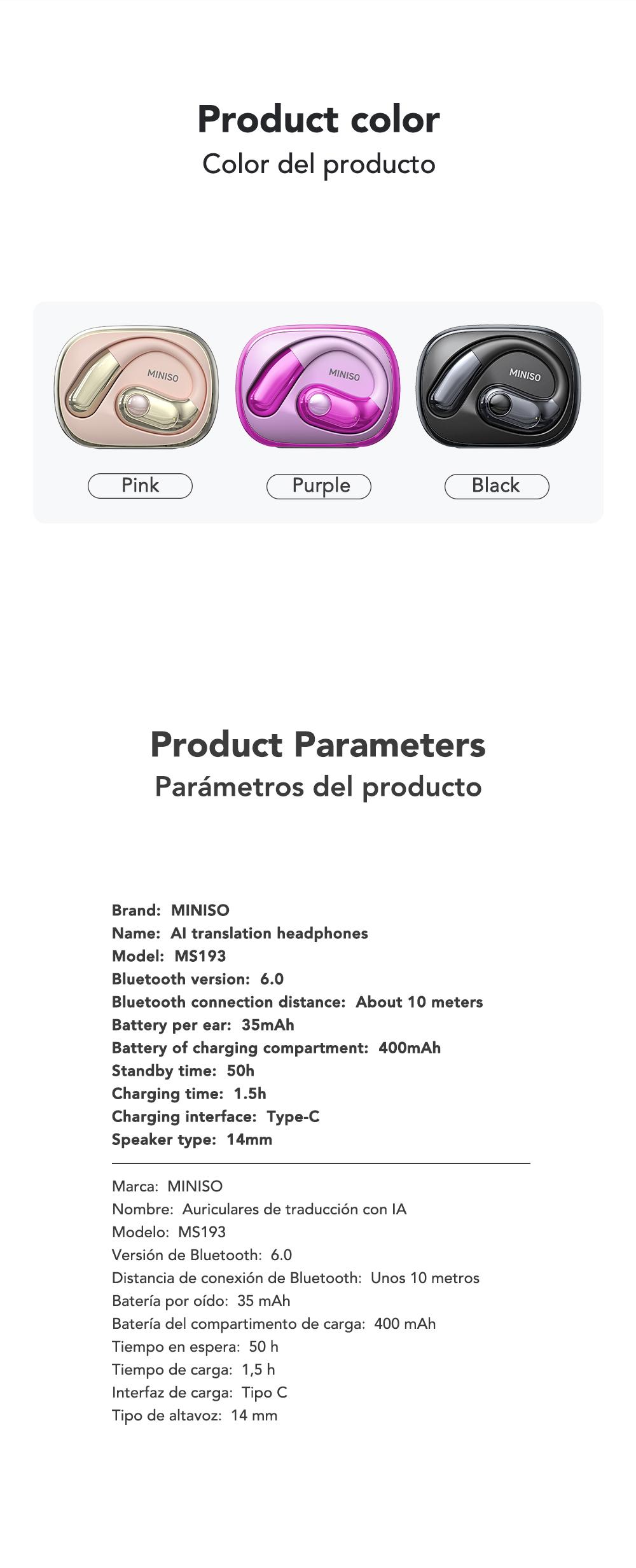 MINISO MS193 AI Translation Earbuds Open Ear Wireless Headphones 134 Languages Translatable Bluetooth Smart Earphones with APP LCD Screen Display Charging Case