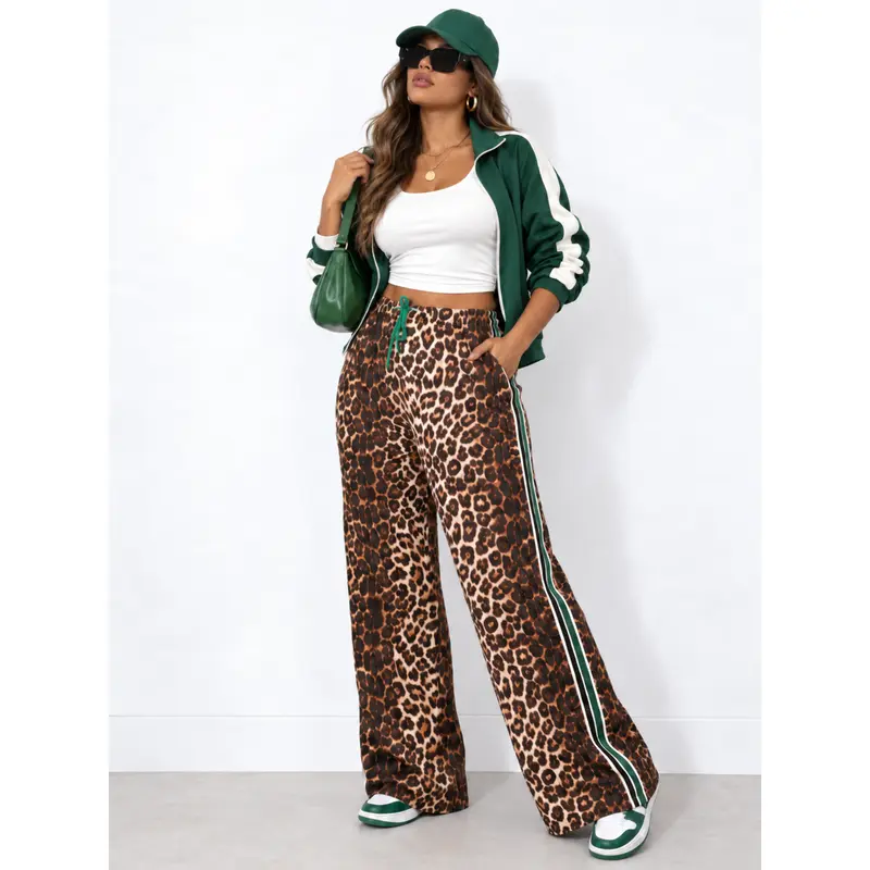 Leopard Print Side Stripe Wide Leg Stretchy Casual Pants Bottoms Women