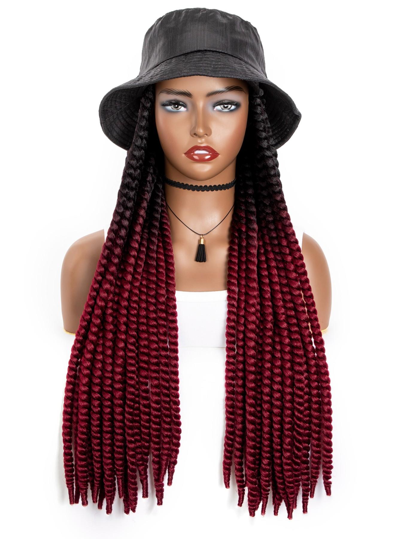 Long Ombre Black Burgundy Synthetic Havana Mambo Twist Braided Hair Extensions Cap Wig Spring Braiding With Bucket Hat