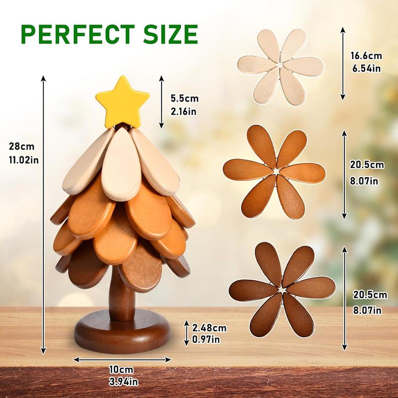 2026 Natural Tree Trivet Set - Christmas Tree Design! This heat - resistant set includes 4 walnut - wood trivets and 1 stand, stored like a Christmas tree. A foldable kitchen decor art, perfect for pots, bowls, coffee mugs, teapots and hot pots.