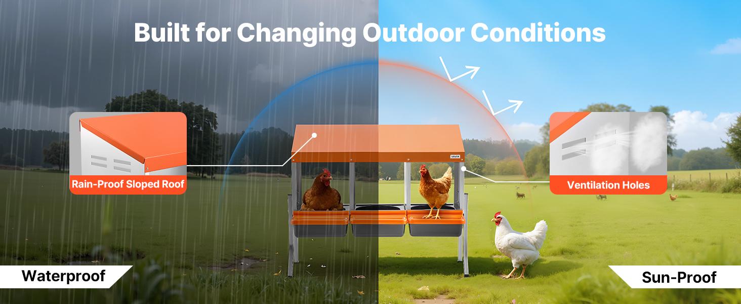 VEVOR Chicken Nesting Boxes, 3 Compartments, with Support Legs, Easy Egg Collection, Galvanized Steel and High-Strength Plastic, Roll Away Nesting Boxes for Chickens and Hens Laying Eggs, Orange