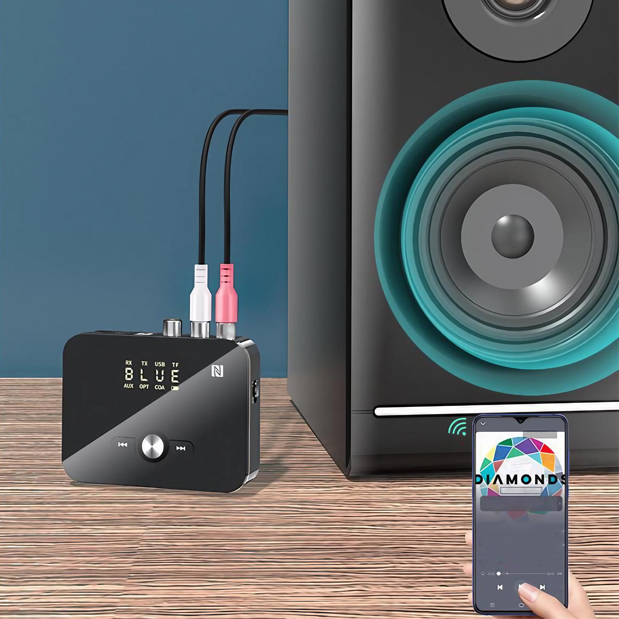 Bluetooth 5.0 NFC Audio Transmitter & Receiver, Low Latency Wireless Adapter for Hi-Res Streaming Music to Home Theater, Car Stereo, TV, Smartphone & Tablet.