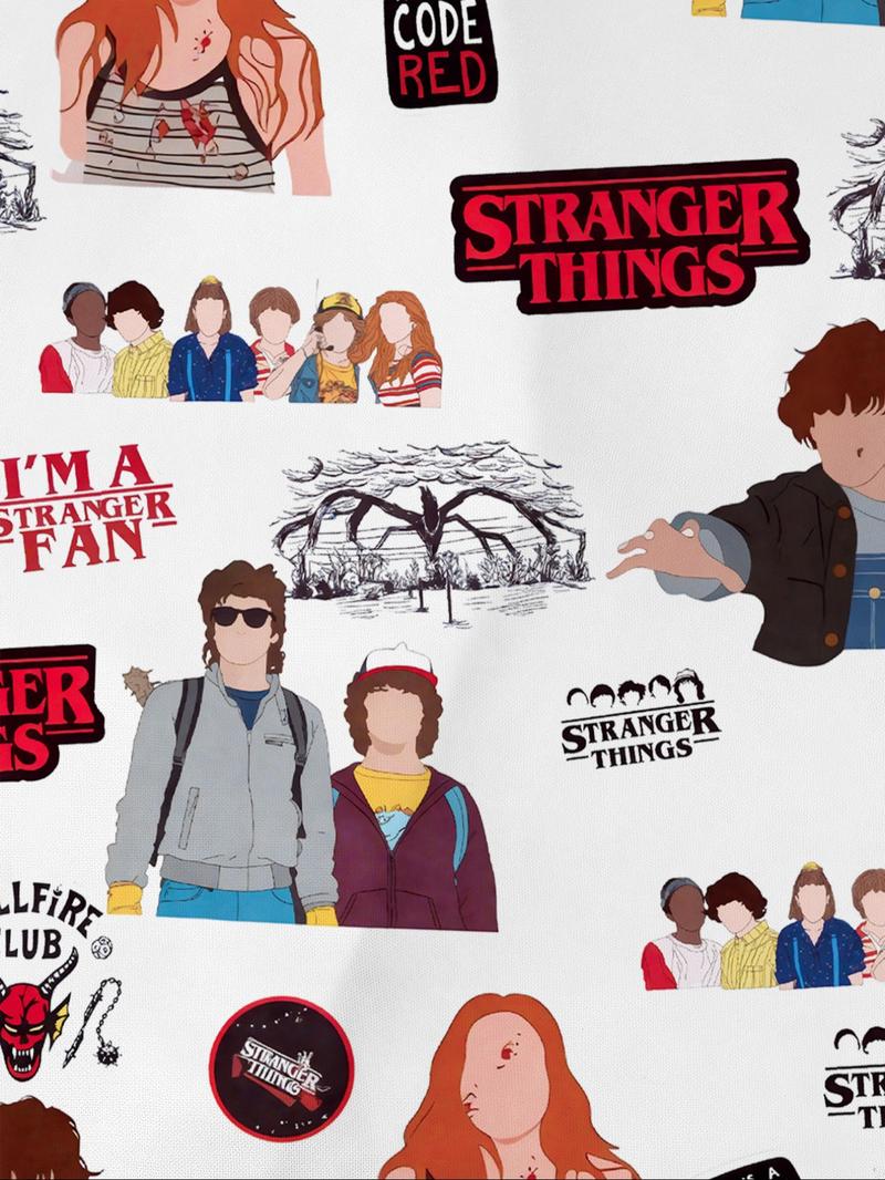 Stranger Things Cartoon Print Pajama Set for Kids - Summer Short Sleeve Cartoon Print Home Wear 2-Piece Set for Boys and Girls, New Flame-Retardant Turn-Down Collar Shirt and Loose Elastic Waist Ruffled Shorts Set. The pajamas feature iconic character pri